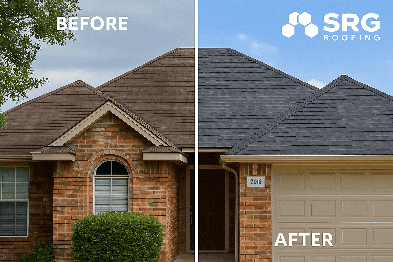 Fotos del antes y después de un reemplazo de techo realizado por SRG Roofing, mostrando materiales mejorados y líneas más limpias.