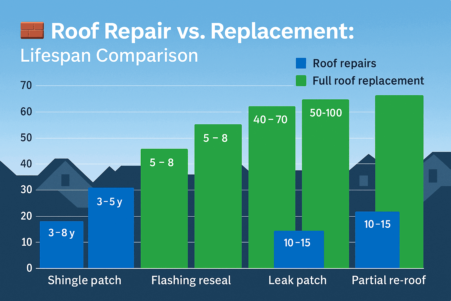 Gráfico de barras que compara la vida útil de reparaciones frente a reemplazos completos según el tipo de material de techo.