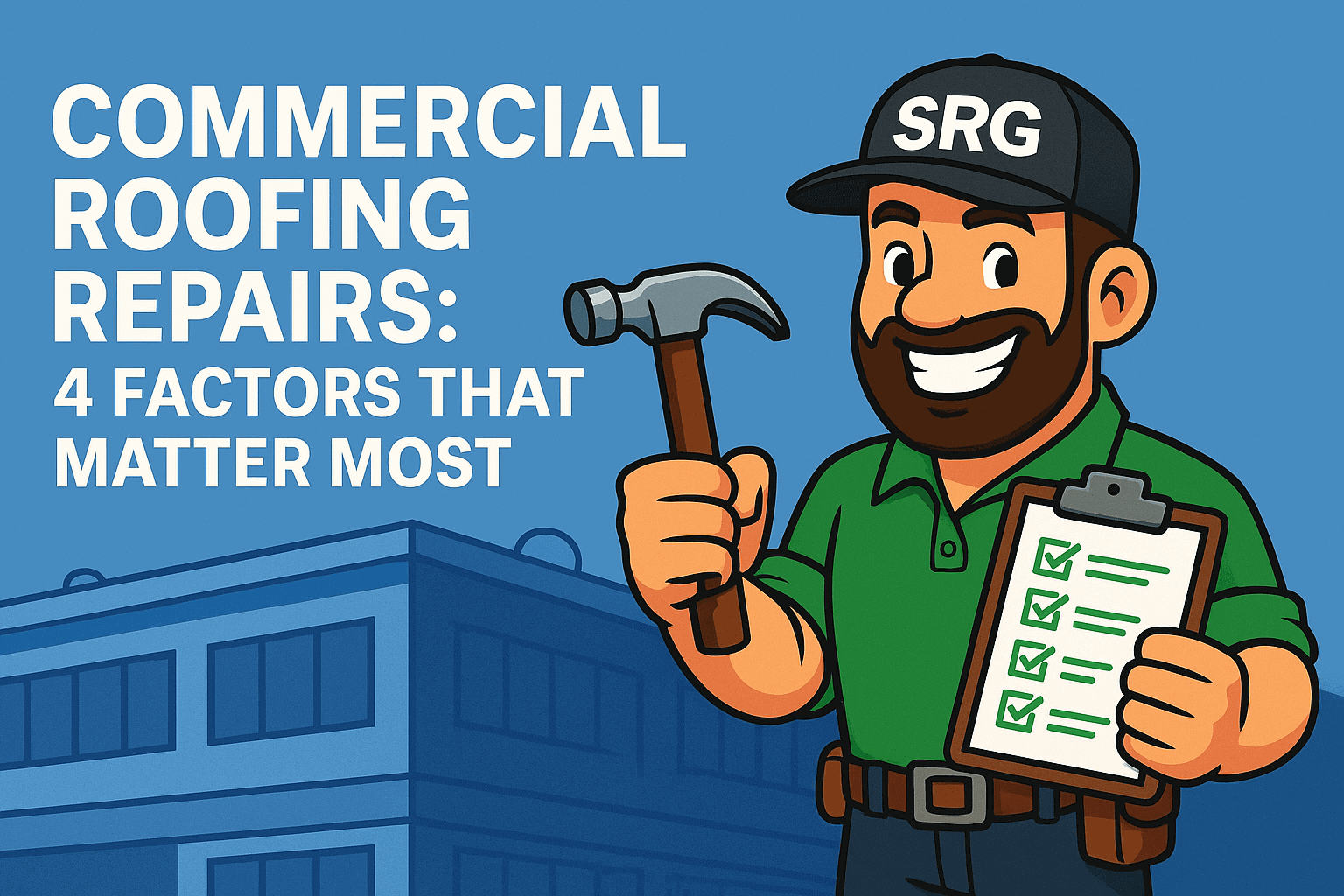 Promotional banner for the blog post 'Commercial Roofing Repairs: 4 Factors That Matter Most,' featuring a professional roofer on a commercial flat roof with tool belt, surrounded by icons representing cost, materials, urgency, and contractor expertise.