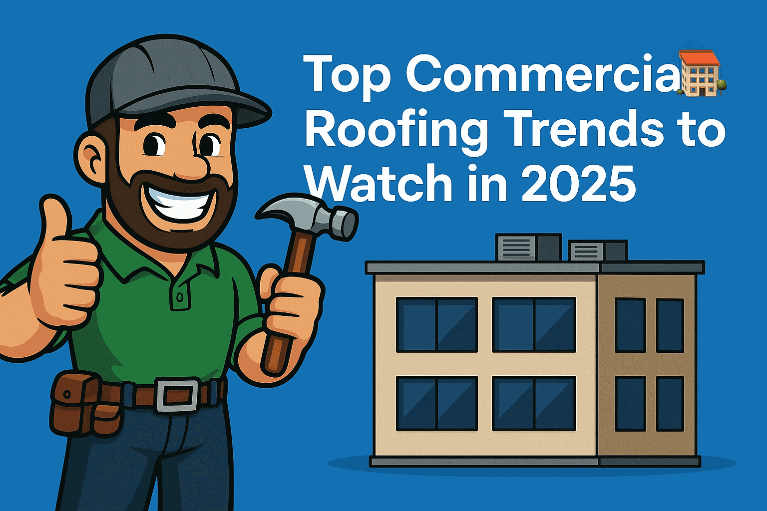 Banner image titled 'Top Commercial Roofing Trends to Watch in 2025' featuring a modern commercial building rooftop with solar panels, green roofing, and reflective surfaces, with bold headline text positioned clearly to the right.