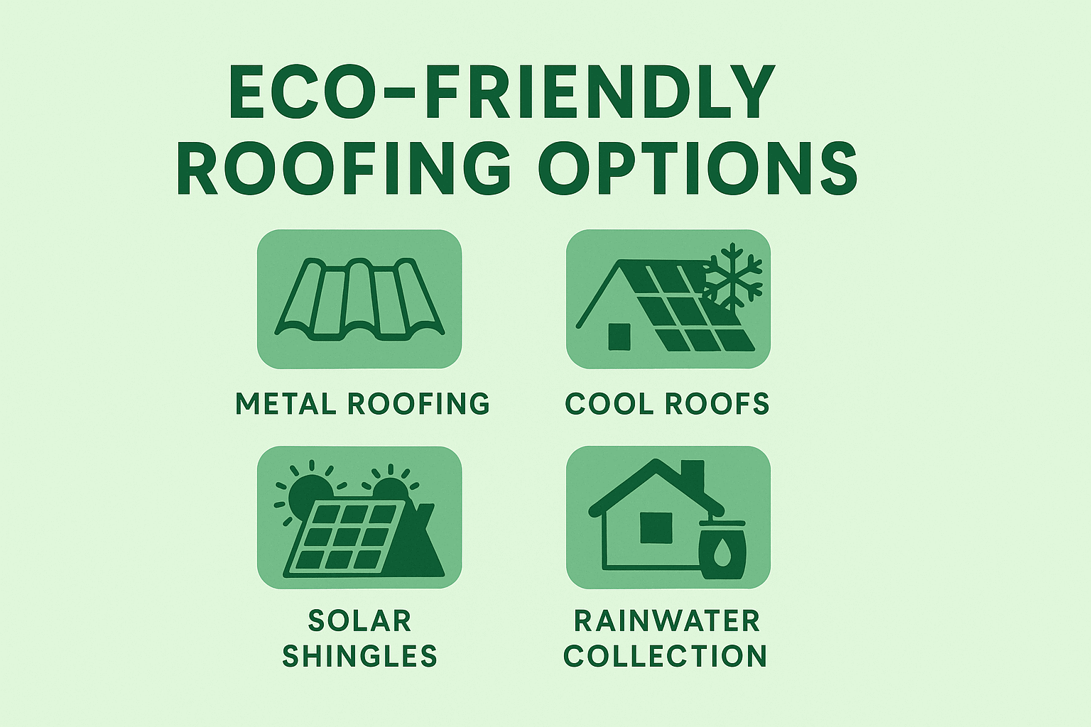 Icon set of eco-friendly roofing options like metal, cool roofs, solar shingles, and rainwater collection systems.