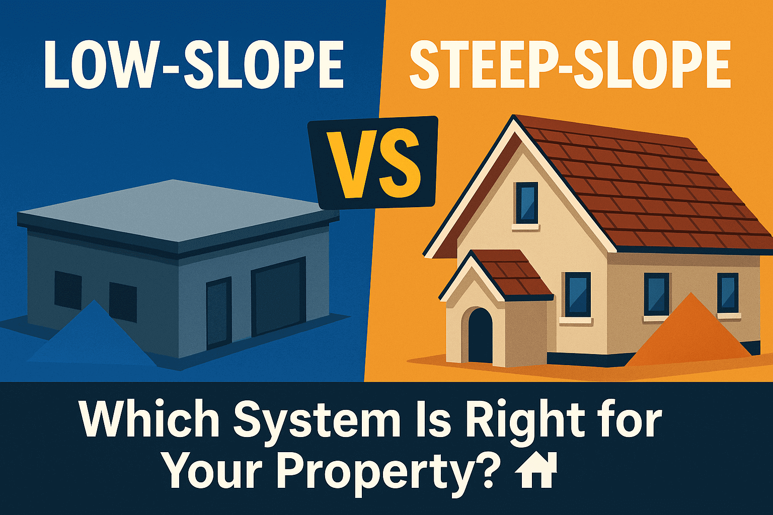 Illustration comparing low-slope vs. steep-slope roofing systems with labels and icons