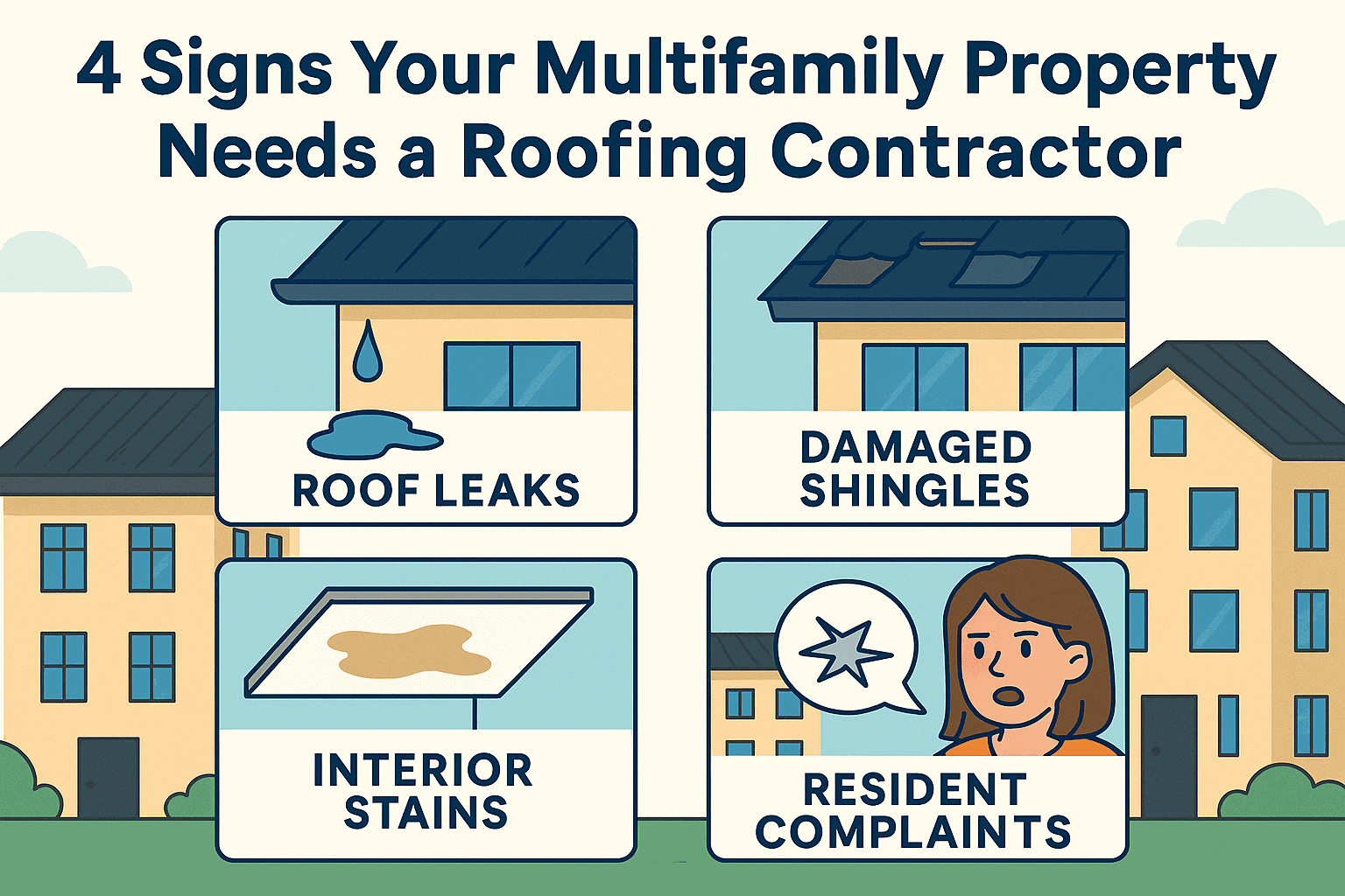 An apartment building with icons highlighting roof leaks, missing shingles, water stains, and elevated energy bills as signs of roofing problems