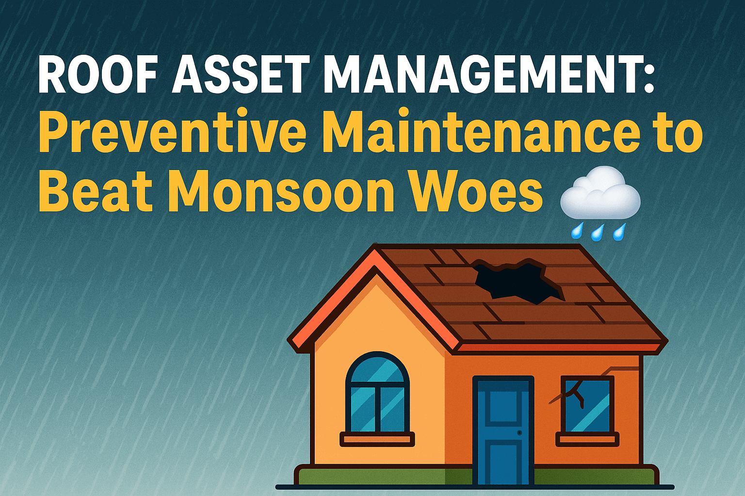 Illustration for the blog post 'Roof Asset Management: Preventive Maintenance to Beat Monsoon Woes,' showing a roofer inspecting a commercial roof with storm clouds and rain in the background, emphasizing preparation and protection.