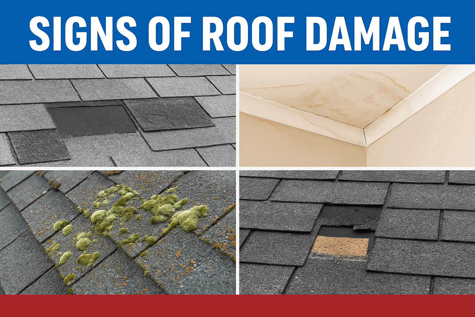 Photo collage showing common signs of roof damage like missing shingles, water stains on ceilings, and moss growth.