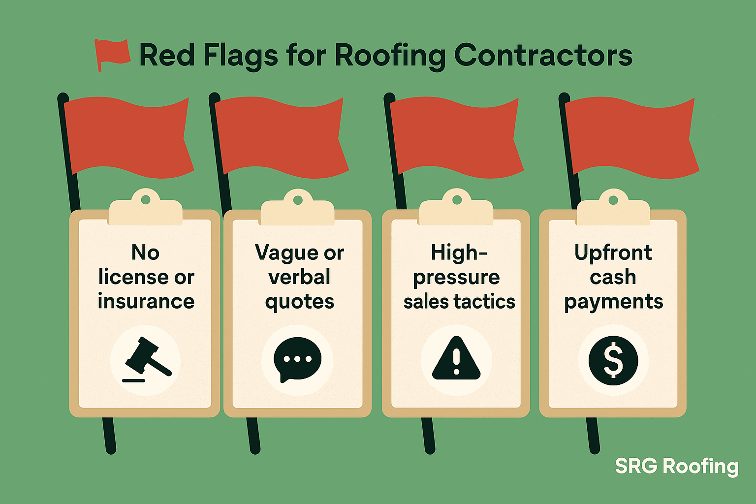 Checklist graphic of red flags to avoid when hiring a roofing contractor, like no license, vague quotes, or high-pressure sales.