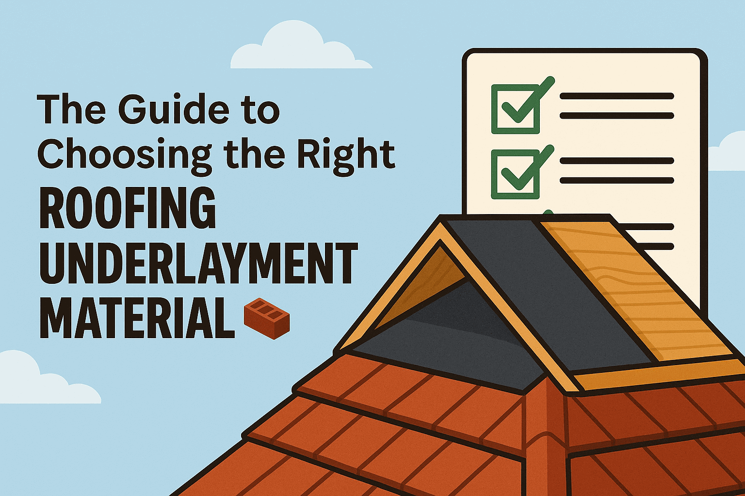 Illustrated breakdown of roofing layers showing underlayment between shingles and roof decking