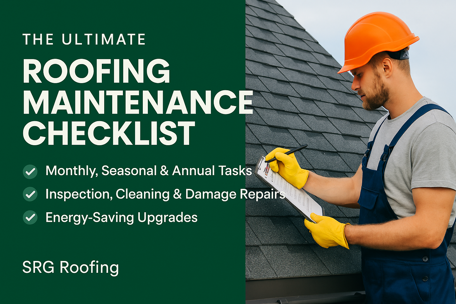 SRG Roofing blog header image titled “The Ultimate Roofing Maintenance Checklist,” featuring a cartoon roofer holding a clipboard in front of a house with clean gutters, blue sky, and checkmarks symbolizing monthly, seasonal, and annual tasks.